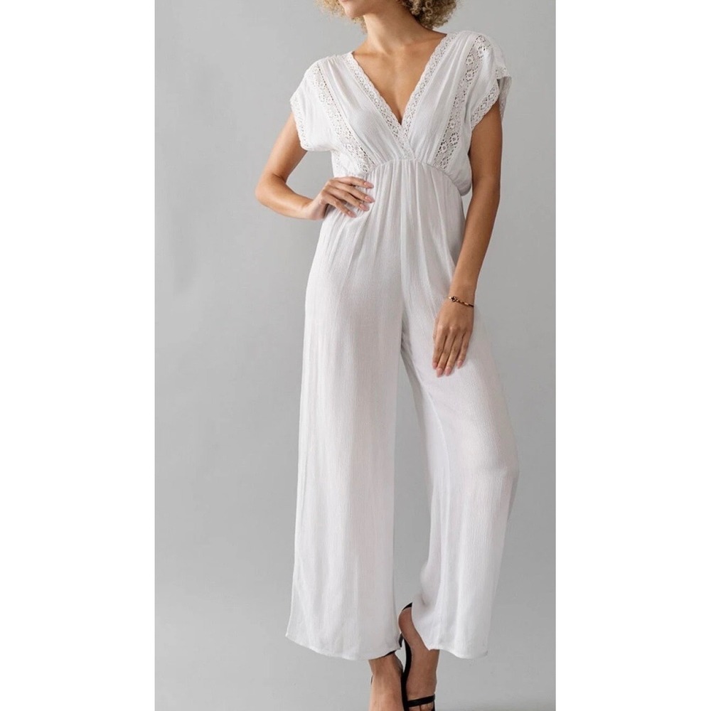 Stradivarius White Gauze Jumpsuit, Women's size Large